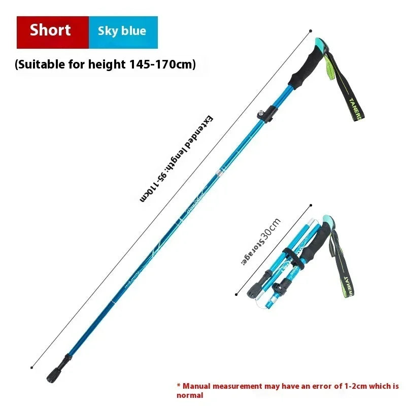 Sky blue collapsible trekking pole with ergonomic handle, extended and folded, for hiking