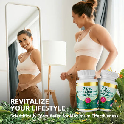 Woman looking at herself in the mirror with a '7-Day Colon Cleanse & Detox Formula' supplement in the foreground.
