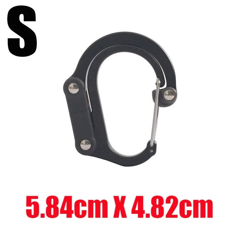 Small black carabiner clip, 5.84cm by 4.82cm, outdoor gear accessory