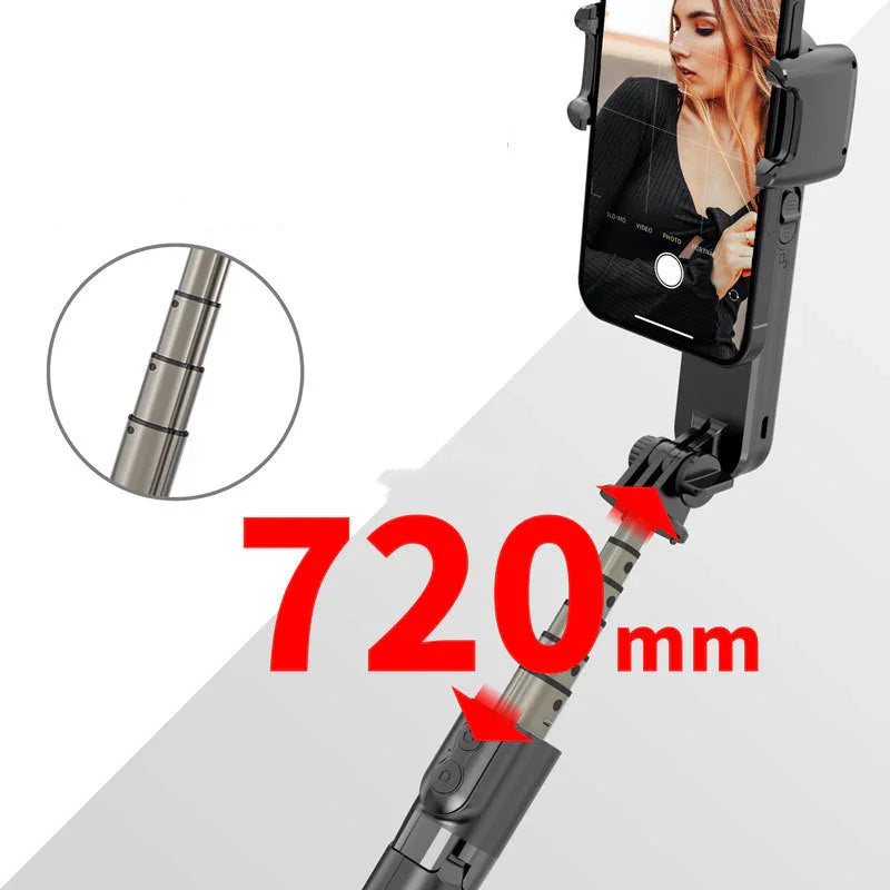 Adjustable selfie stick tripod for smartphones, extended to 720mm, shown in use with phone