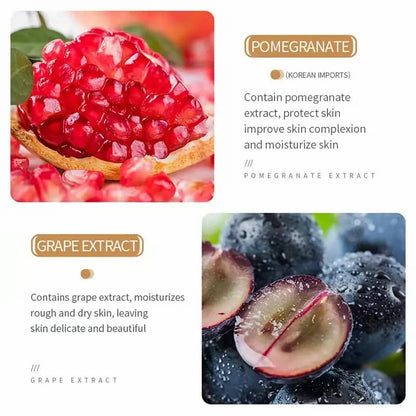 Pomegranate and grape extract with text on a white background