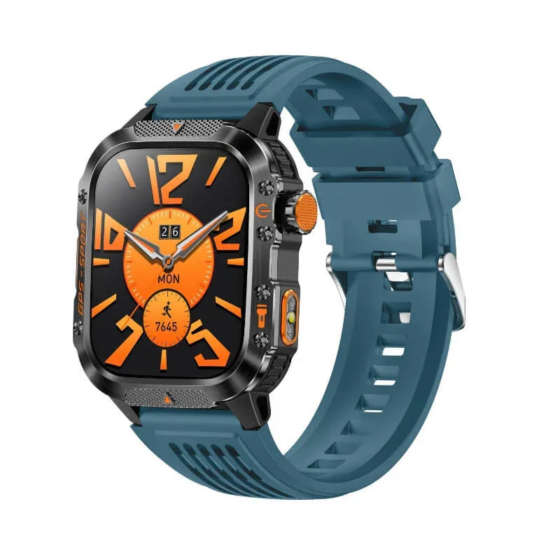 Orange and black fitness smartwatch with blue silicone strap, digital display and step tracker