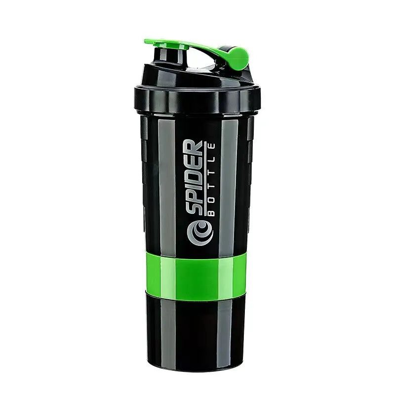Black and green shaker bottle with 'Spider Bottle' logo on a white background