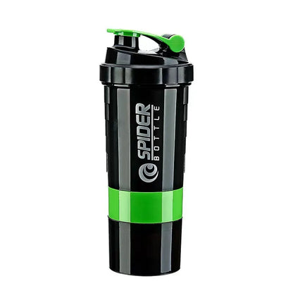Black and green shaker bottle with 'Spider Bottle' logo on a white background