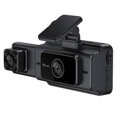 Black dual-camera dashboard recorder on a white background