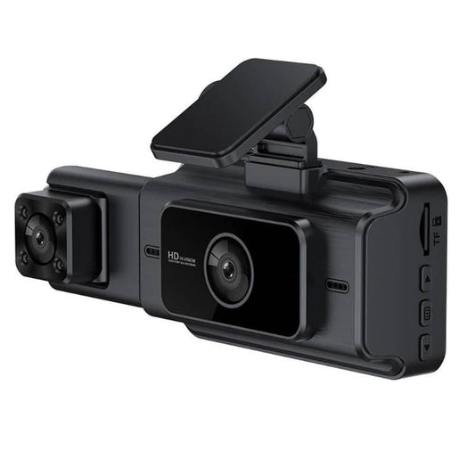 Black dual-camera dashboard recorder on a white background