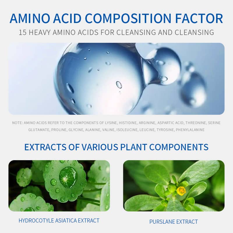 Advertisement for amino acid composition factor with water droplets and plant extracts.