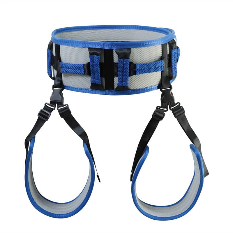 Blue and black safety harness on a white background