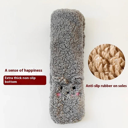 Gray plush slipper with cute animal face, extra thick non-slip sole, anti-slip rubber detail