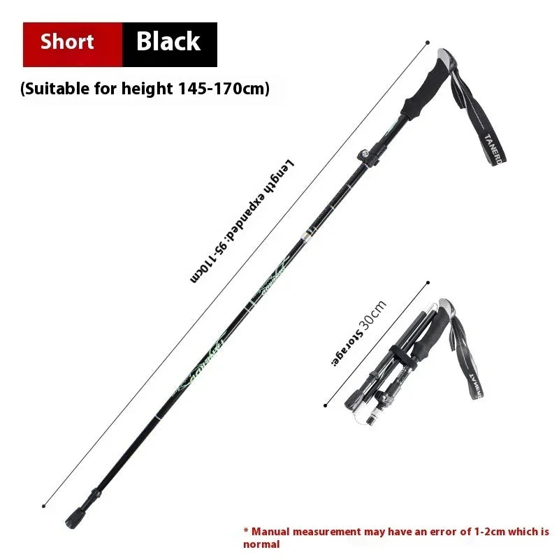 Short black collapsible trekking pole, adjustable 95-110cm, compact foldable design.