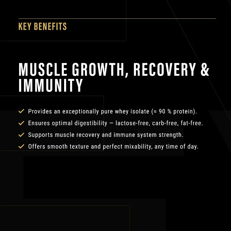 A black promotional graphic with the heading 'KEY BENEFITS' and large text reading 'MUSCLE GROWTH, RECOVERY & IMMUNITY,' followed by four bullet points about pure whey isolate, digestibility, muscle recovery, and immune support.