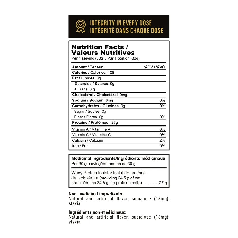 A Nutrition Facts / Nutritional Values label panel for a whey protein powder product, with black text on a white background and a gold header reading 'Integrity in Every Dose' and 'French version.'.