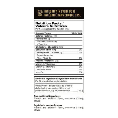 A Nutrition Facts / Nutritional Values label panel for a whey protein powder product, with black text on a white background and a gold header reading 'Integrity in Every Dose' and 'French version.'.