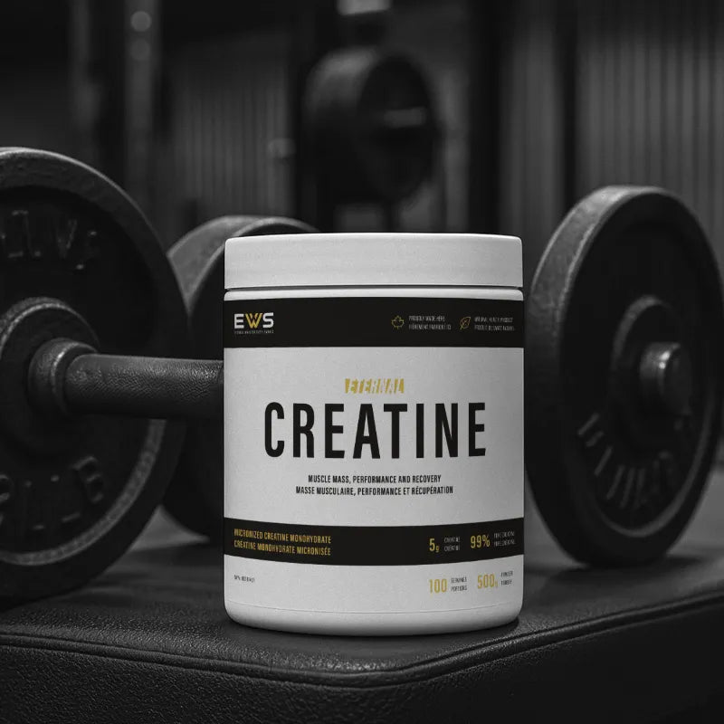 Container of EWS Creatine with gym equipment in the background
