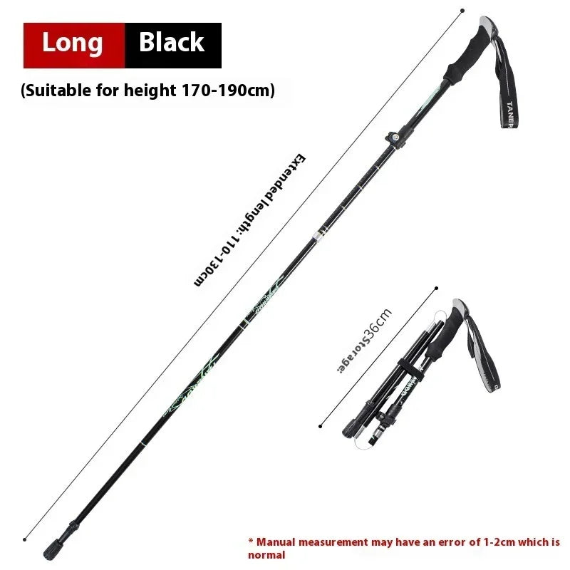 Long black collapsible trekking pole for heights 170-190cm, ergonomic handle, foldable design.