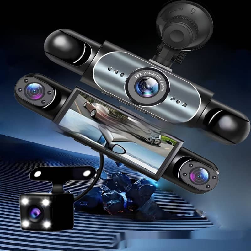 Car surveillance system with multiple cameras and a monitor on a dark background