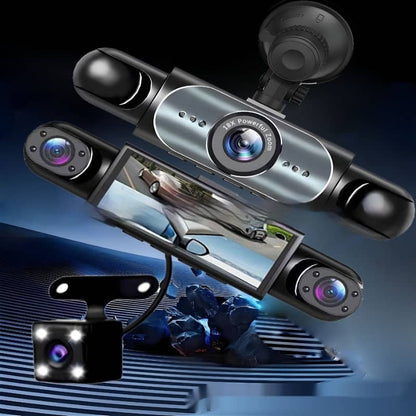 Car surveillance system with multiple cameras and a monitor on a dark background
