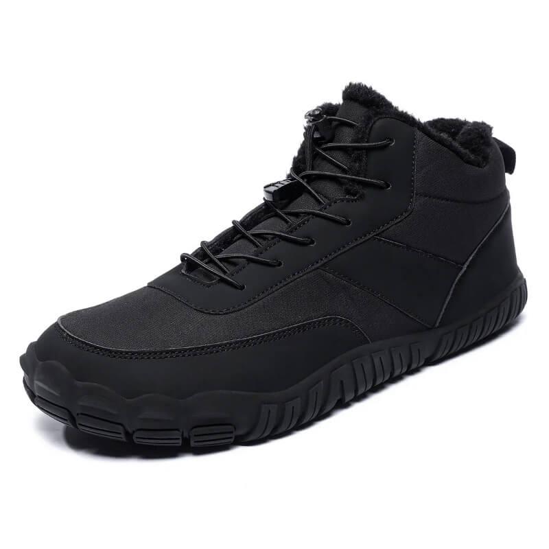 Black athletic high-top sneaker with rugged sole and fleece lining, ideal for outdoor fitness