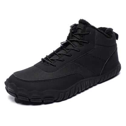 Black athletic high-top sneaker with rugged sole and fleece lining, ideal for outdoor fitness