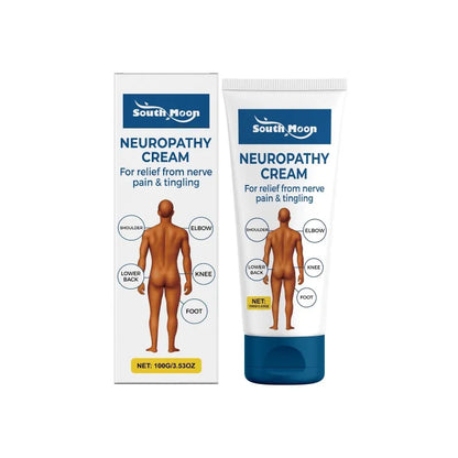 Neuropathy Cream shown in its white and blue retail box alongside the matching cream tube, featuring an anatomical figure diagram indicating areas of relief.