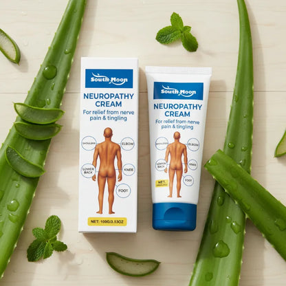 Neuropathy Cream shown in its retail box and squeeze tube, styled in a flat-lay with aloe vera leaves and mint leaves on a light wood background.