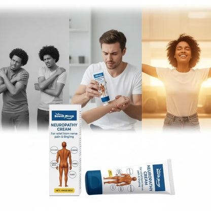 Neuropathy Cream shown with its box and tube, alongside lifestyle of men and a woman demonstrating back and arm pain relief.