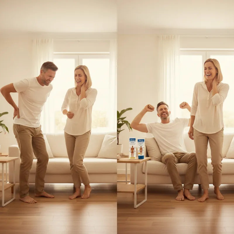 A man and a woman in a bright, modern living room. On the left, the man is bent over in pain, and on the right, the man is sitting on a white sofa flexing his arm relived while the woman stands next to him smiling.