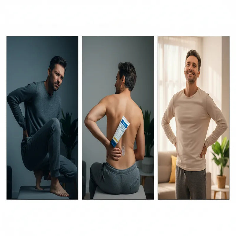 A three-panel collage showing a man in different poses wearing a long-sleeve knit top and pants.