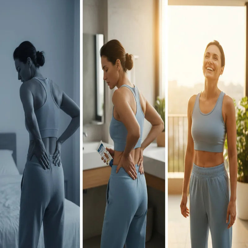 A three-panel collage showing a woman modeling a light blue athletic matching set in different indoor settings. 
