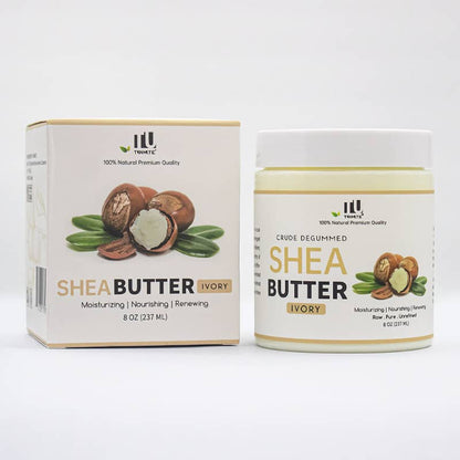 Shea butter jar and packaging on a white background