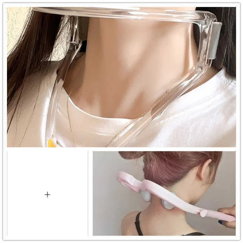 Plastic neck stretcher and handheld massage roller used for neck pain relief and muscle relaxation