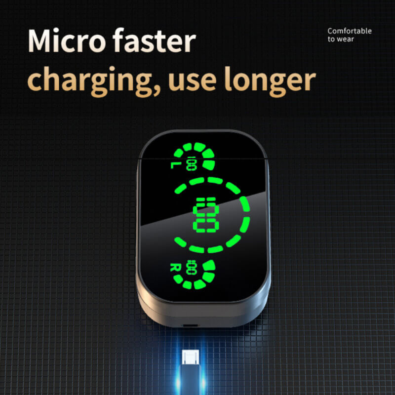 Digital device with green display on a dark background, featuring text about faster charging.