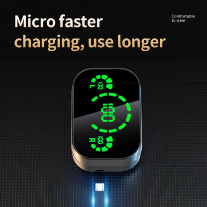 Digital device with green display on a dark background, featuring text about faster charging.