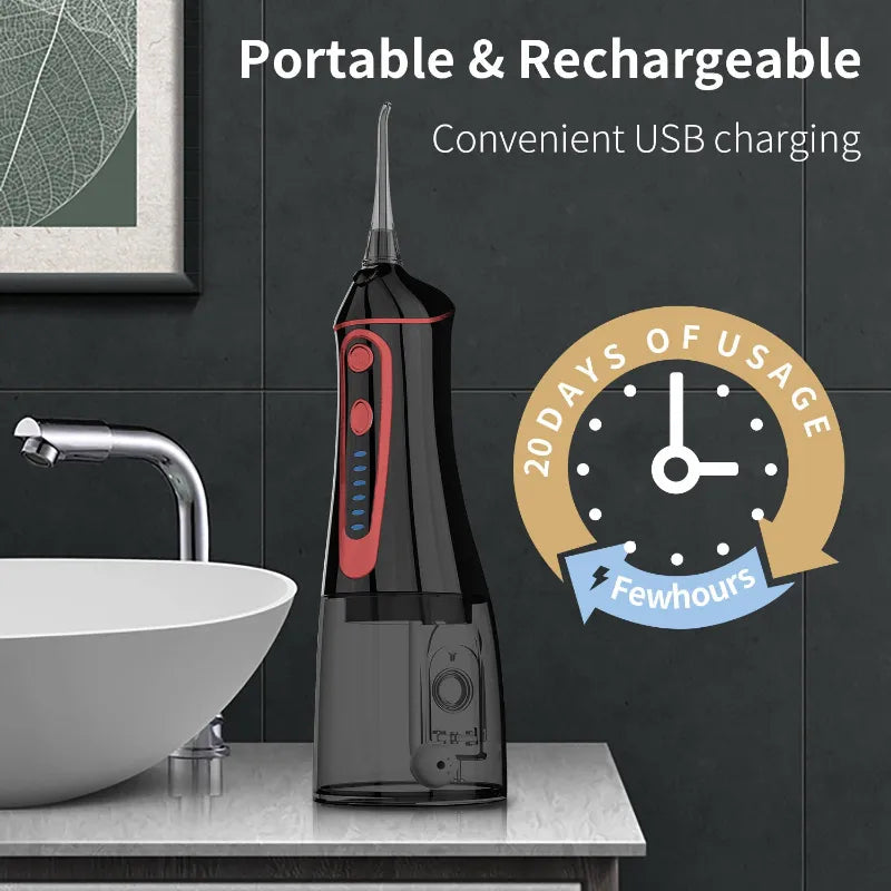 A portable rechargeable water flosser  'Portable & Rechargeable' '20 DAYS OF USAGE Few hours' on a USB charger.