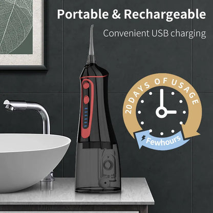 A portable rechargeable water flosser  'Portable & Rechargeable' '20 DAYS OF USAGE Few hours' on a USB charger.
