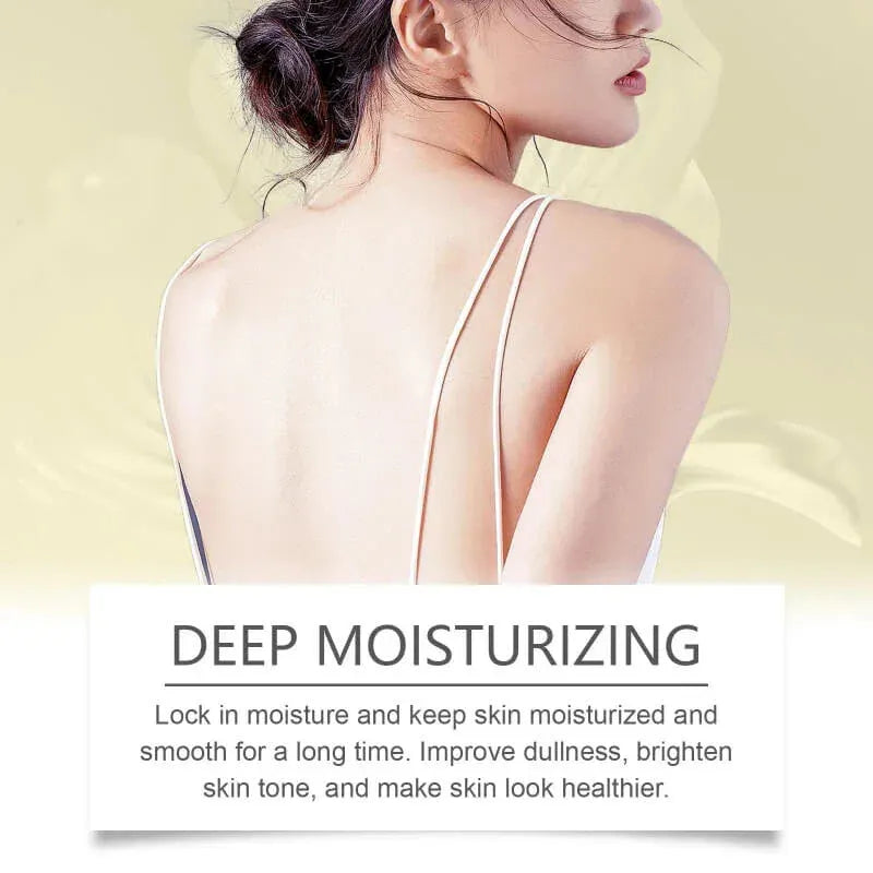 Woman's back with text about deep moisturizing skincare product