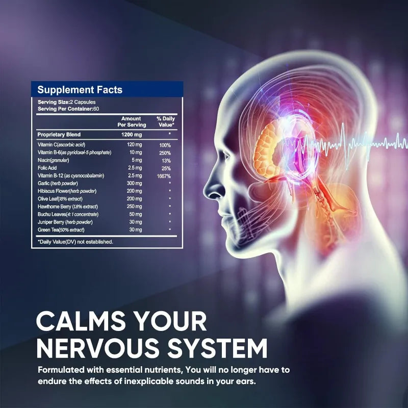 Supplement advertisement with a human head and nervous system illustration, highlighting calming effects on the nervous system.