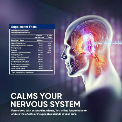 Supplement advertisement with a human head and nervous system illustration, highlighting calming effects on the nervous system.