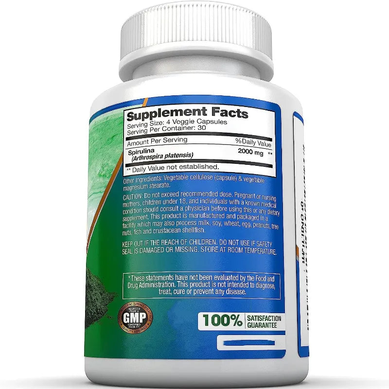 A white plastic bottle of dietary supplements with a white cap, showing the back label with Supplement Facts, GMP seal, and a 100% satisfaction guarantee badge on a white background.
