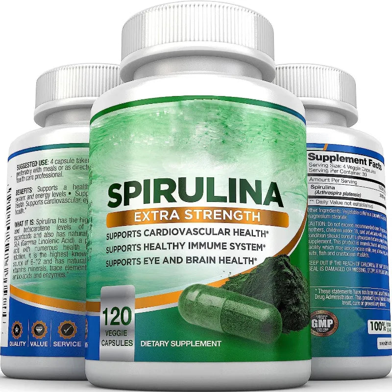 Spirulina supplement bottle with additional bottles in the background on a white background