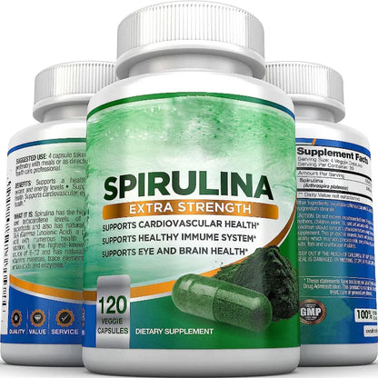 Spirulina supplement bottle with additional bottles in the background on a white background