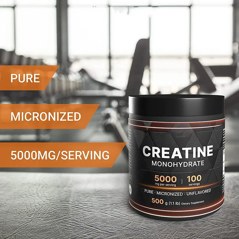 Creatine monohydrate supplement container with gym equipment in the background