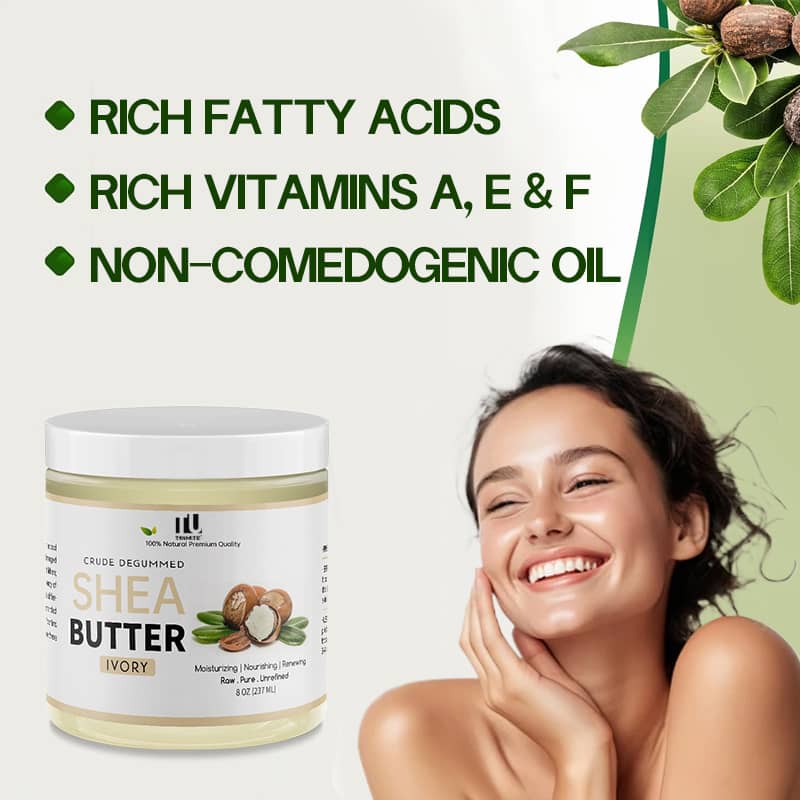 Shea butter jar with a woman smiling, surrounded by text about its benefits.