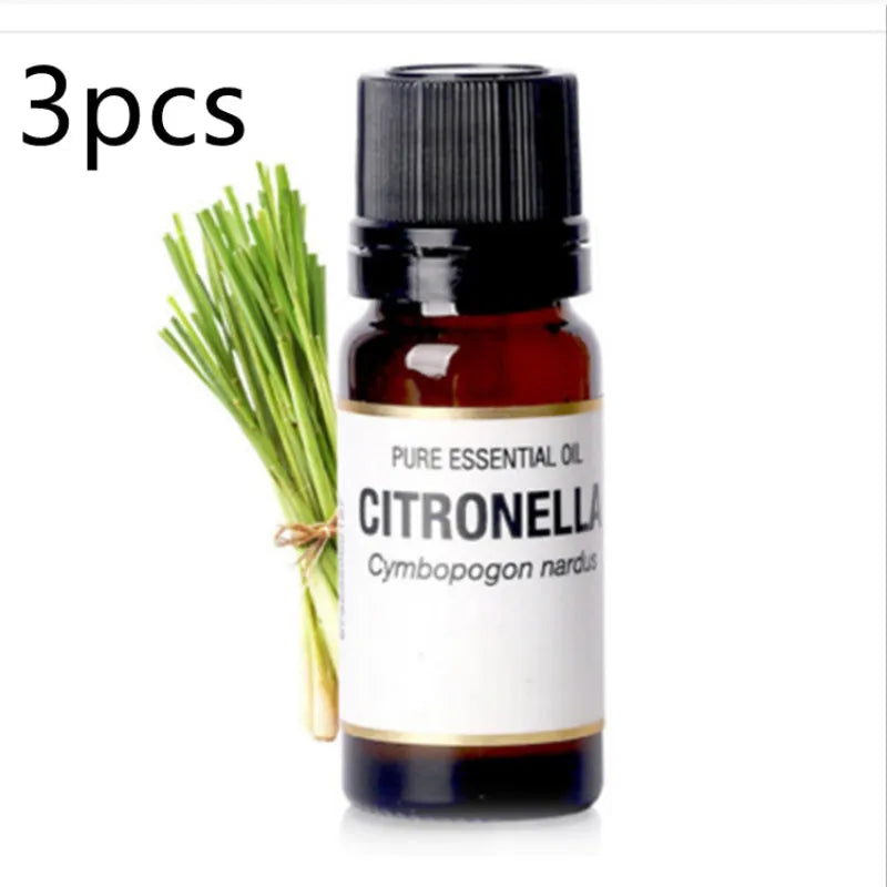 Bottle of Citronella essential oil with a bundle of green leaves on a white background