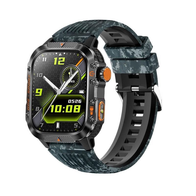 Rugged digital fitness smartwatch with camouflage strap and multi-function display