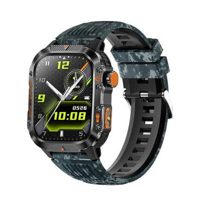 Rugged digital fitness smartwatch with camouflage strap and multi-function display