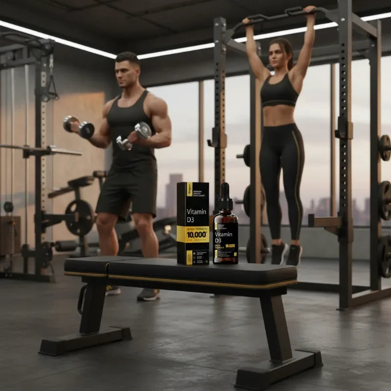 A man and a woman exercise in a gym, with a black and yellow Vitamin D3 supplement box and bottle placed on a weight bench in the foreground. T