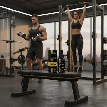 A man and a woman exercise in a gym, with a black and yellow Vitamin D3 supplement box and bottle placed on a weight bench in the foreground. T