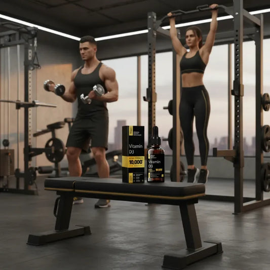 A man and a woman exercise in a gym, with a black and yellow Vitamin D3 supplement box and bottle placed on a weight bench in the foreground. T