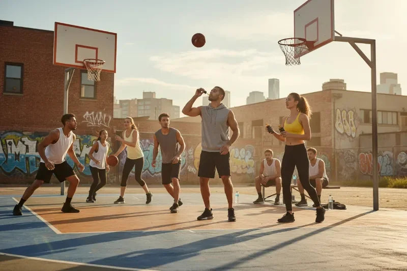 A group of people playing basketball on an outdoor urban court at sunset, with graffiti-covered brick buildings in the background.